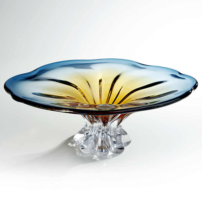 Luxury Gradient Art Glass Pedestal Fruit Bowl, Cloud-Inspired High-Stem Serving Dish with Sunburst Design, Large Decorative Centerpiece
