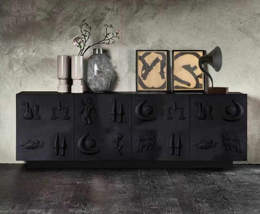Nordic Minimalist Sideboard with Embossed Relief Panels, Custom Lacquered Storage Cabinet with Abstract Art Design
