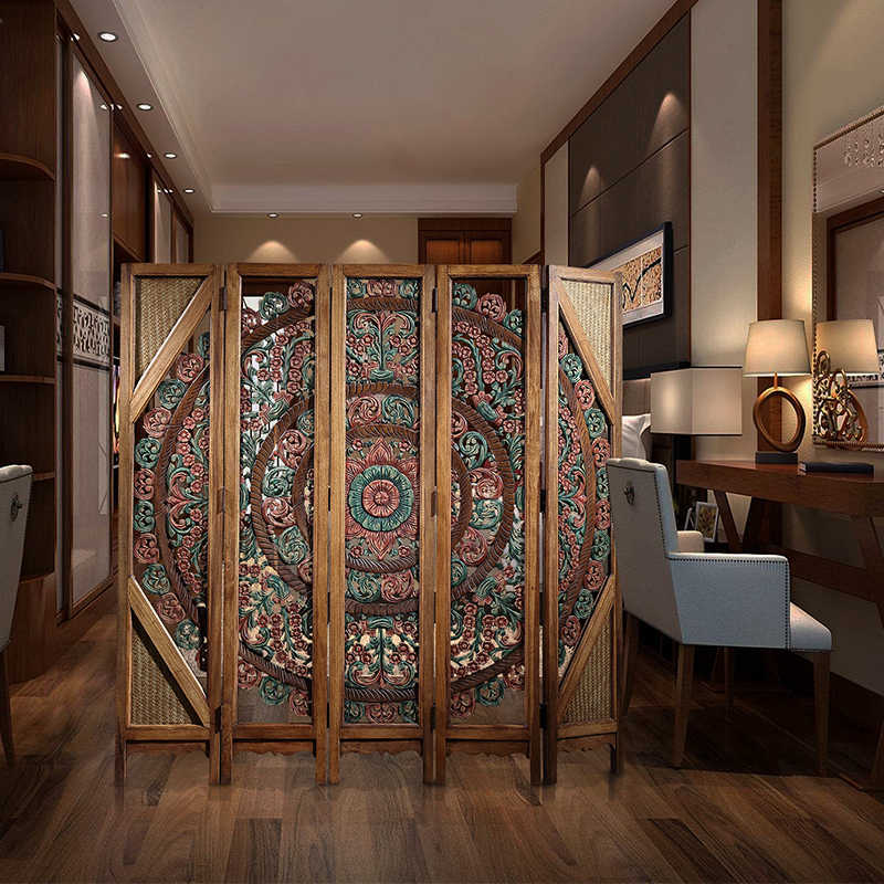 Thai Heritage Hand-Carved Wooden Room Divider Screen, Southeast Asian Floral Motif 5-Panel Folding Screen with Rattan Accents