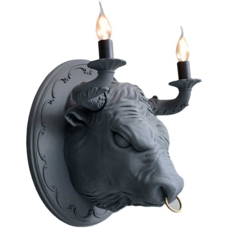 Animal Bull Head Wall Lamp, Creative Resin Designer Sconce for Living Room, Dining, Bedroom, Study Accent Lighting