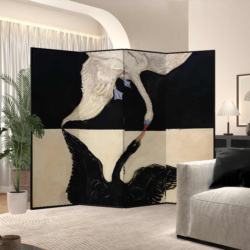 Art Deco Swan Kiss Folding Room Divider, Modern Vintage Four-Panel Metal Screen, Large Hand-Painted Movable Privacy Partition for Living Room, Bedroom, Studio