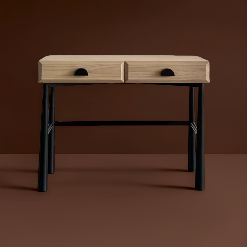 Retro Solid Wood Designer Vanity Desk, Minimalist Vintage Dressing Table with Double Drawer, Bedroom Makeup Console