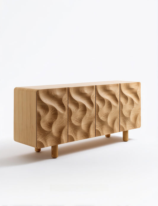 Retro Sculpted Wood Sideboard – Designer Solid Wood Wave-Carved Buffet for Modern Dining, Artistic Storage Cabinet