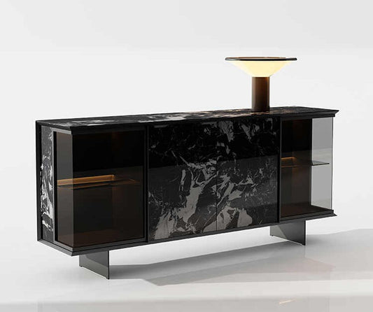 Minimalist Luxury Glass Display Sideboard – Modern Marble Accent Storage Buffet for Villa, Entryway, Living Room