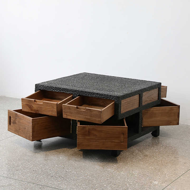 Contemporary Japanese Wabi-Sabi Square Coffee Table – Weathered Solid Wood with Textured Frame and Storage Drawers, Rustic Designer Furniture