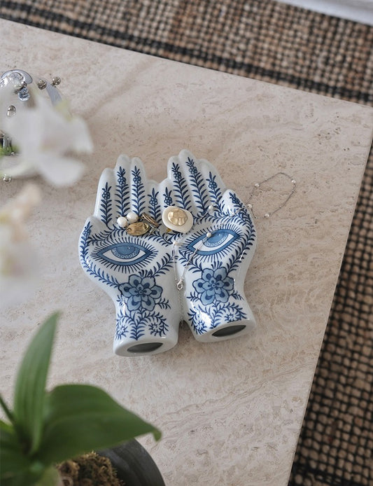 Blue and White Porcelain Hand Sculpture, Ceramic Eye Design Decorative Ornament, Traditional Asian Artistry Desk Accent with Gift Box
