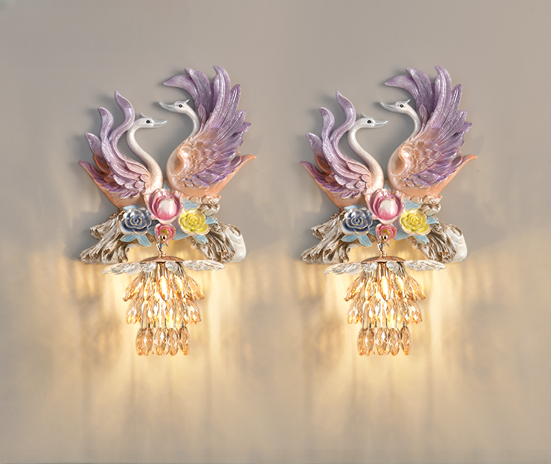 Purple Swan Wall Sconce Set – Luxury Resin and Crystal Wired Wall Lamp for Living Room, Bedroom, and Artistic Accent Walls
