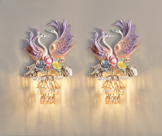 Purple Swan Wall Sconce Set – Luxury Resin and Crystal Wired Wall Lamp for Living Room, Bedroom, and Artistic Accent Walls