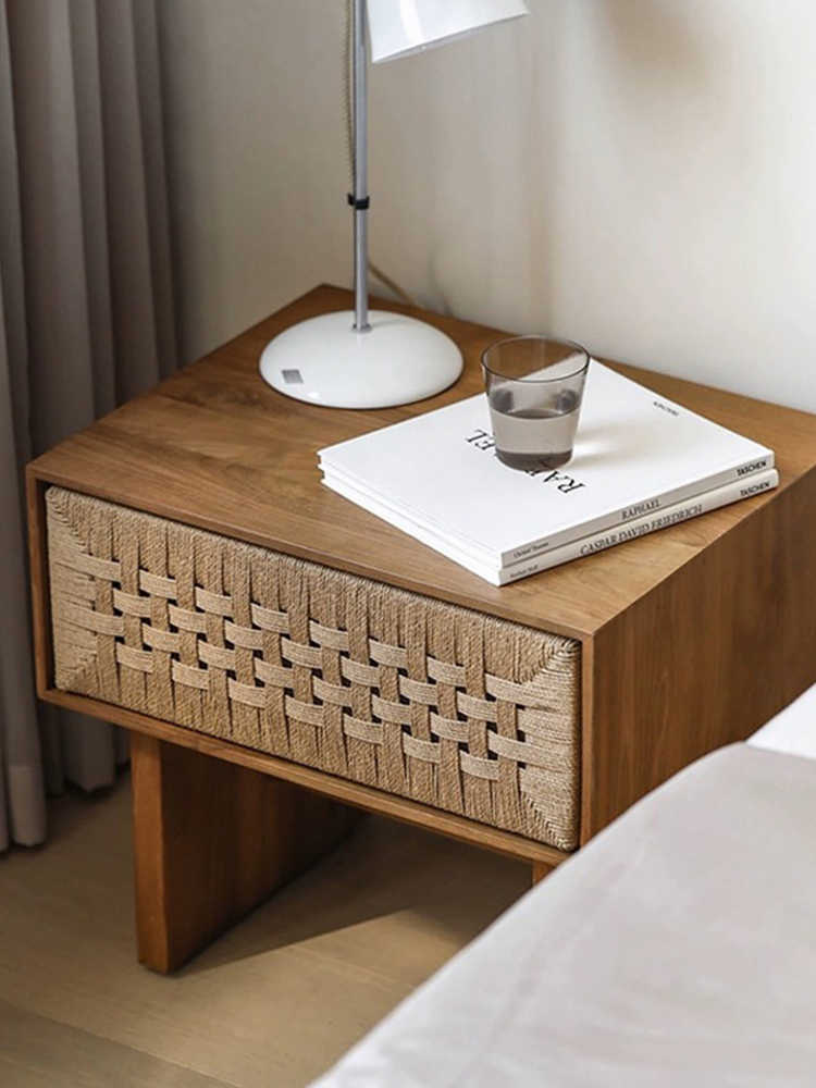 Solid Wood Rope-Woven Nightstand, Minimalist Living Room Bedside Table – Fully Assembled