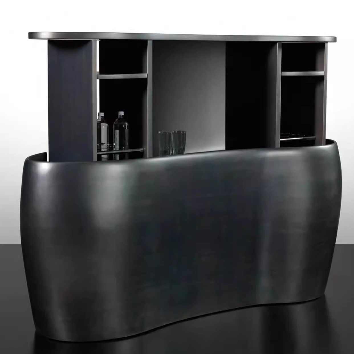 Luxury Adjustable Bar Cabinet – Modern Curved Wine Storage with Glass Display Shelves, Designer Contemporary Cocktail Cabinet for Living Rooms