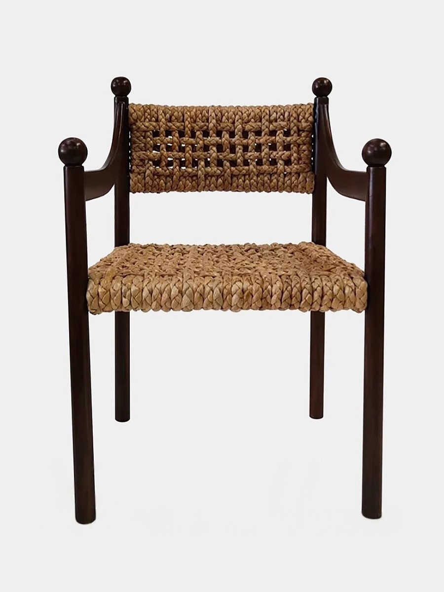 Vintage Solid Wood Rattan Dining Armchair, Black Frame Mid-Century Weaving Seat for Home and Bistros