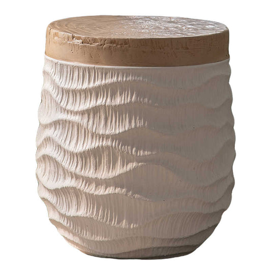 Handcrafted Rope-Textured Ceramic Side Table, Rustic Round Storage Stool with Natural Wood Top, Boho Living Room Accent Table,