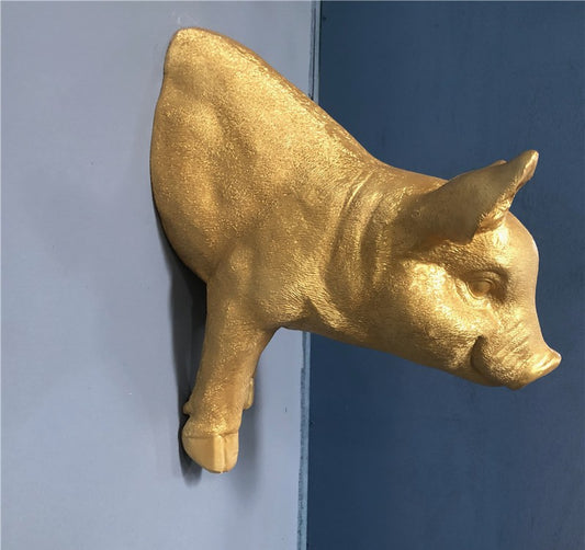 Gold Pig Zodiac Animal Head Wall Decor, Sculpture for Entryway, Living Room, Bar, Indoor/Outdoor