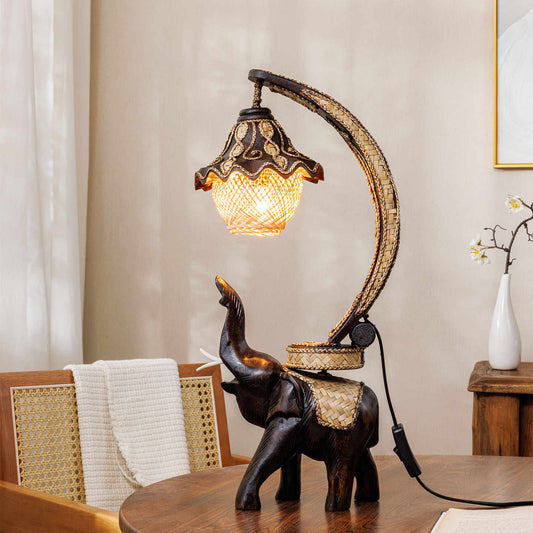 Thai Handcrafted Wooden Elephant Table Lamp, Southeast Asian Zen Style Desk Light with Rattan Shade & Basket Storage