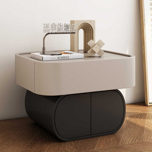 Modern Cream Luxury Nightstand, Solid Wood Curved Coffee Table for Kids Bedroom, Contemporary Minimalist Side Table with Storage