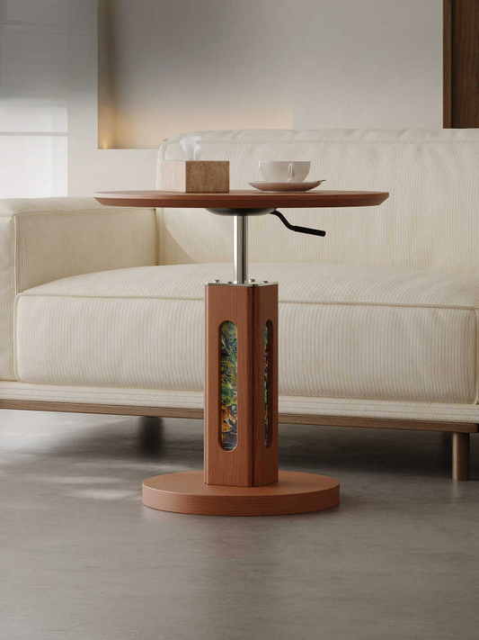 Mid-Century Adjustable Height Ash Wood Side Table, Artistic Round Table for Small Spaces