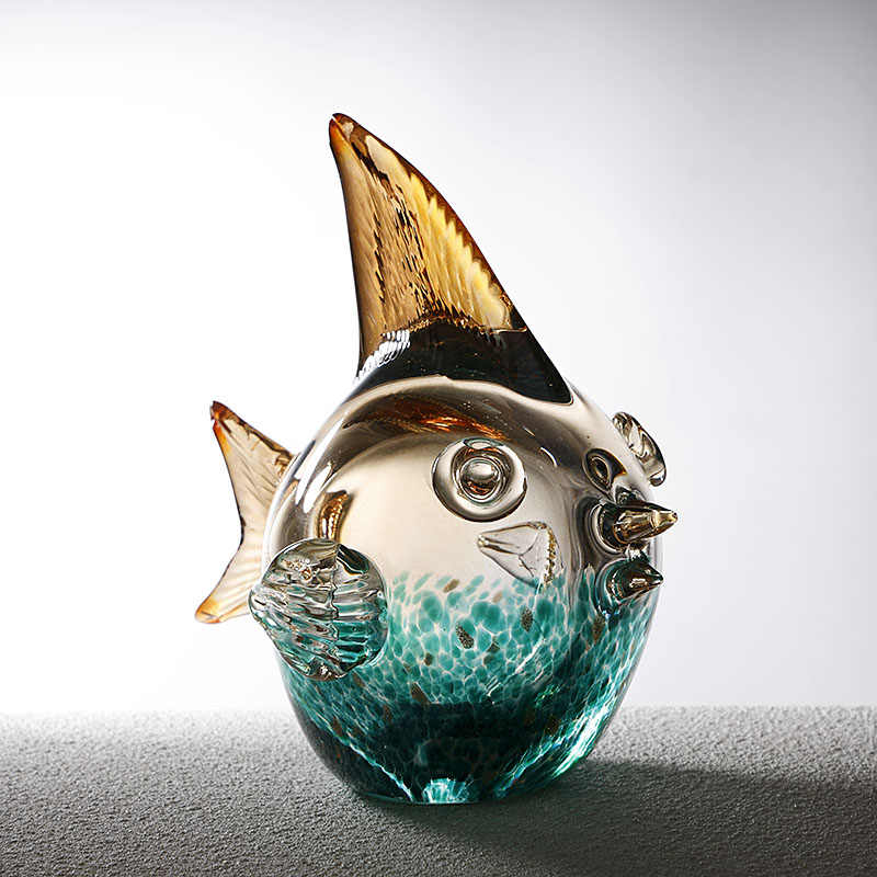 Cute Blown Glass Bubble Fish Figurine, Handcrafted Living Room Entryway TV Cabinet Home Decor, Housewarming Gift