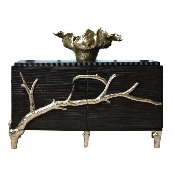 Neoclassical Luxury Black Sideboard – Two-Door Modern Foyer Cabinet with Gold Branch Art Accent