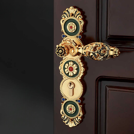 Gold Door Handle Set, Ornate Zinc Alloy Silent Magnetic Lever Lock, Luxury Interior Vintage Room Hardware, Fits Thick Wooden Doors