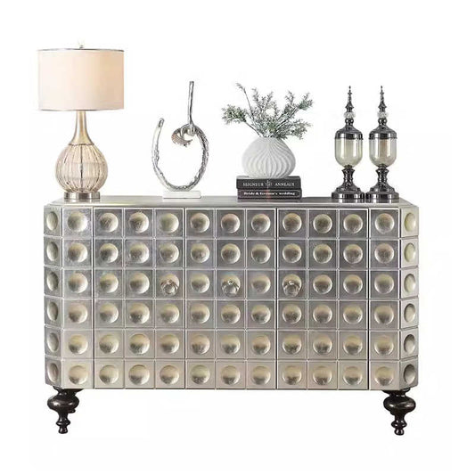 Modern Luxury Silver Leaf Entryway Cabinet, Artistic Foil Finish 3-Door Sideboard for Living Room, Foyer & Dining