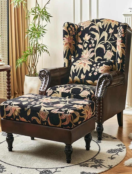 Vintage High-Back Floral Tiger Armchair with Ottoman – Retro Living Room Lounge Chair & Footrest Set, Leather Fabric