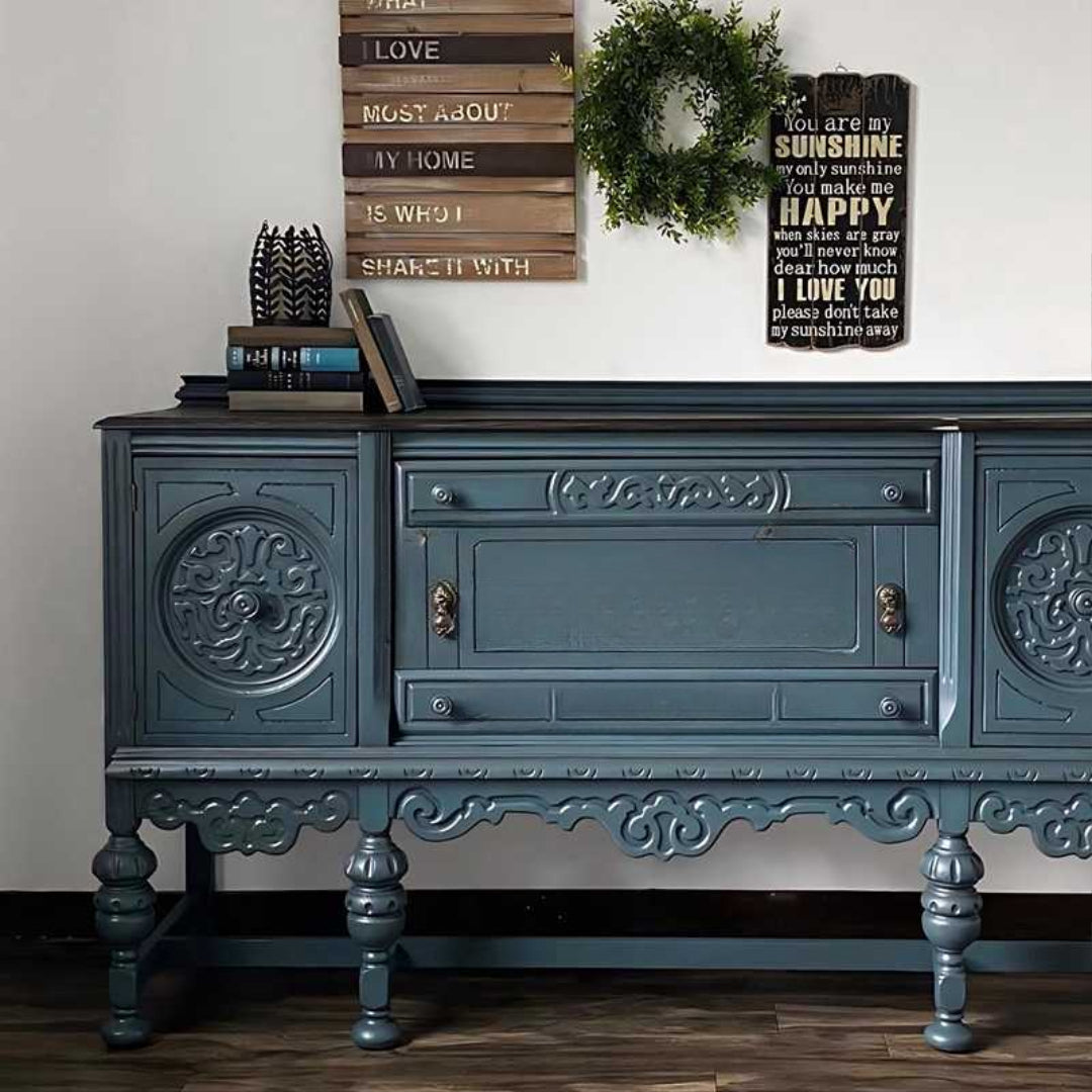 Vintage Artistic Carved Wood Sideboard – Two-Door Entryway Buffet Cabinet, Blue Revival Solid Wood Credenza