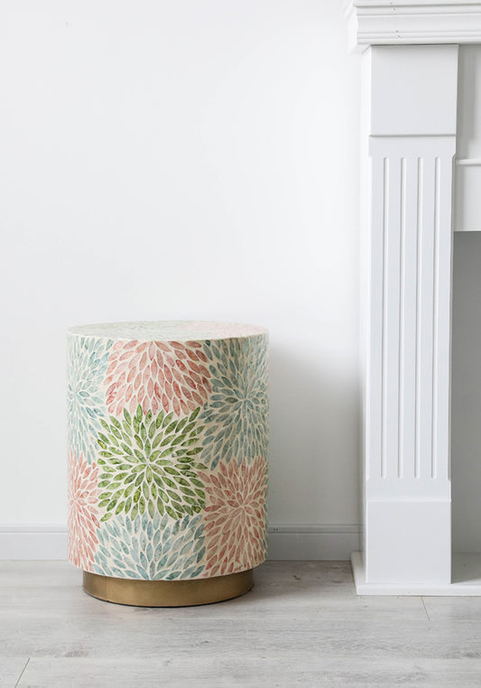 Luxury Flower Side Table, Pastel Mosaic Accent Stool for Sofa, Balcony, Bedroom & Coffee Corners