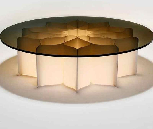 Designer Lotus Glass Coffee Table, Modern Minimalist Black Glass Round Center Table, Lotus-Inspired LED Accent for Hotel, Villa, Lounge