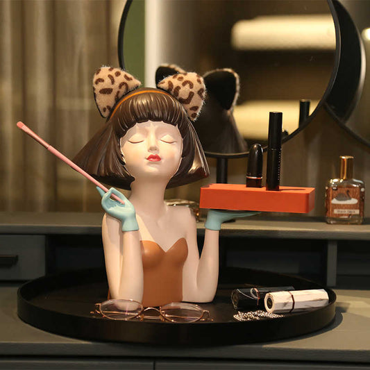 Luxury Girl Figurine Cosmetic Organizer with Leopard Ears, Decorative Vanity Storage Tray for Makeup, Perfume, and Accessories, Cute Bedroom Dresser Decor