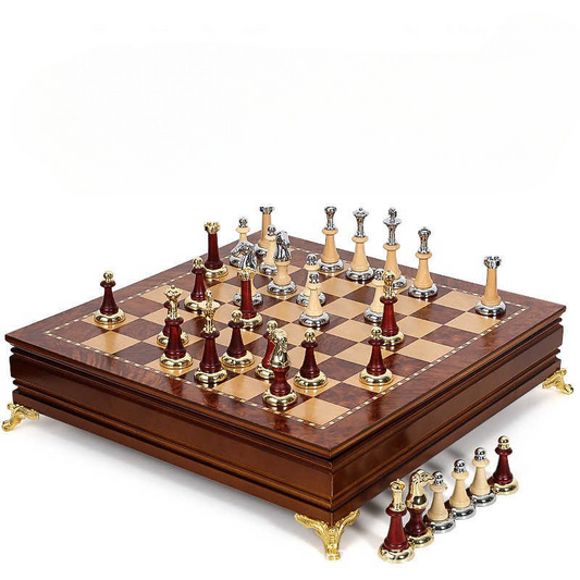 European Luxury Chess Set – High-End Solid Wood Drawer Chess Table with Gold Metal Inlaid Pieces, Classic Decorative International Chess Board
