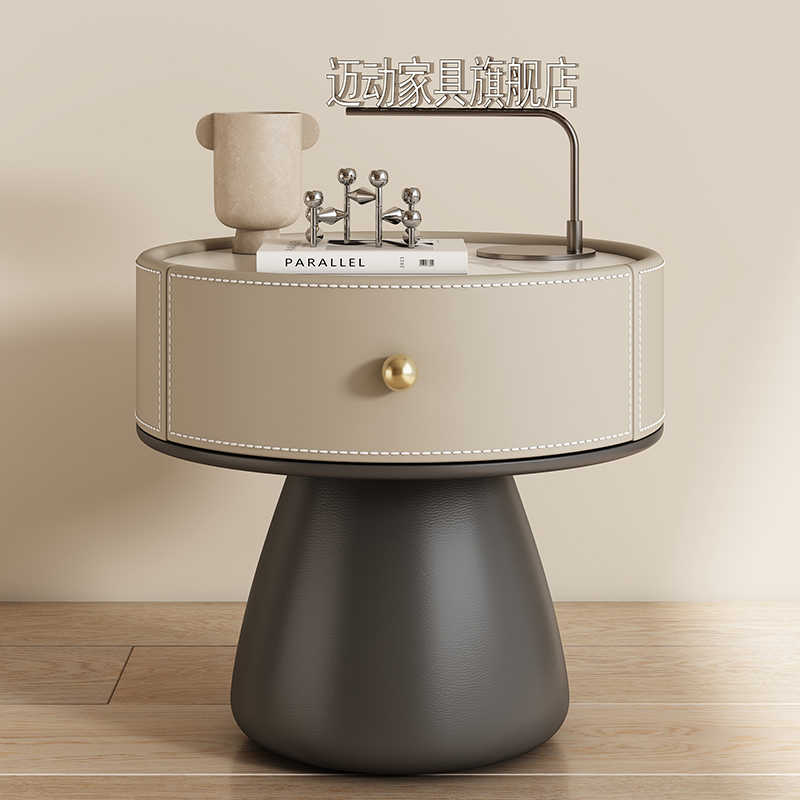 Italian Luxury Round Nightstand with Leather Upholstery & Marble Top, Contemporary Bedside Table with Drawer Storage, Modern Bedroom Side Table