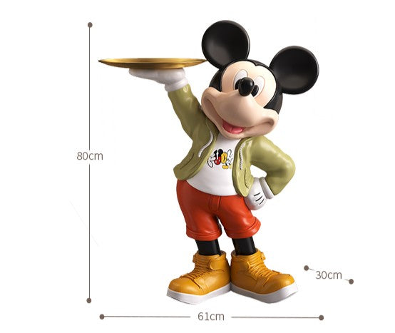 Life-Size Mickey Mouse Server Statue with Golden Tray, Disney Character Floor Figurine with Functional Display Surface, Premium Living Room Decor
