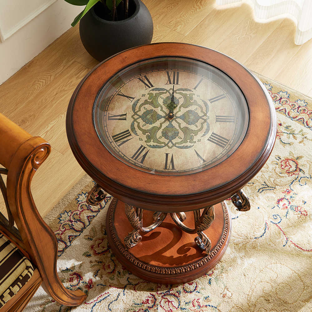 Vintage Caramel Brown Round Clock Side Table – European Wrought Iron Scrollwork Coffee Table, American-Style Wood End Table with Glass Clock Top