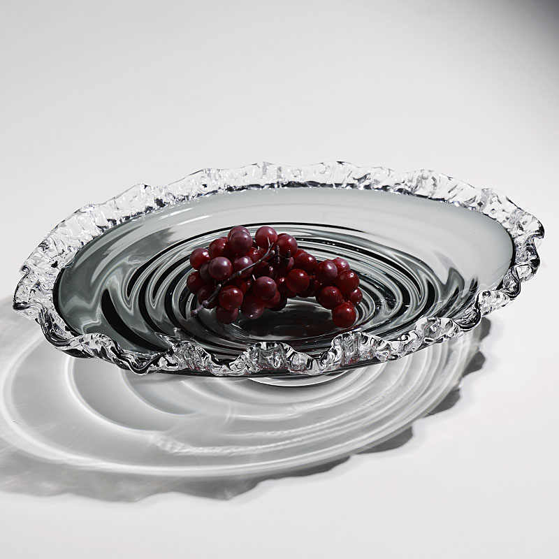 Premium Gray Crystal Glass Oval Fruit Bowl, Large Pleated Edge Design with Wave Pattern Base, Luxury Serving Dish for Fruits & Snacks
