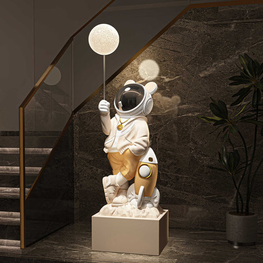 Luxury Life-Size Astronaut Floor Sculpture with LED Moon Lamp – Premium Space-Themed Art for Living Room & Housewarming Gift