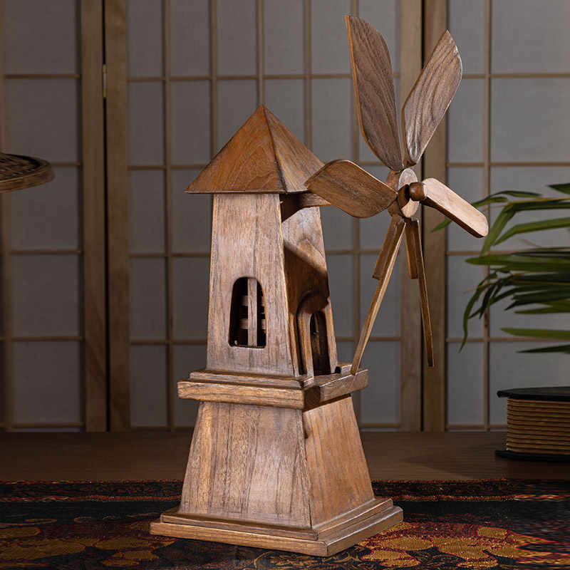 Thai Handcrafted Wooden Windmill Desktop Sculpture, Traditional Wood Carving Home Decor for Living Room & TV Cabinet Display