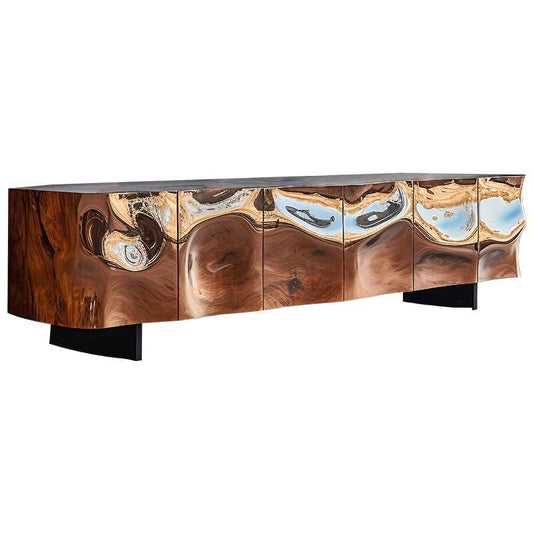 Designer Sculptural Walnut TV Stand, Italian Luxury Postmodern Media Console Cabinet, High-End Artistic Wood Sideboard for Living Room