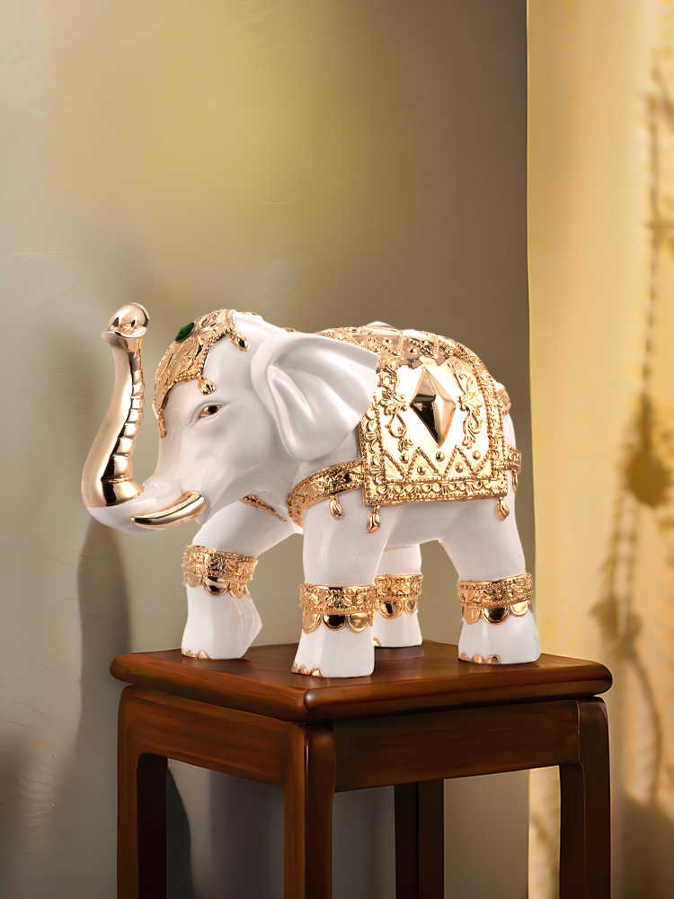 Luxury White and Gold Elephant Figurine – Resin Decorative Statue for Living Room, Entryway, TV Stand, or Gift
