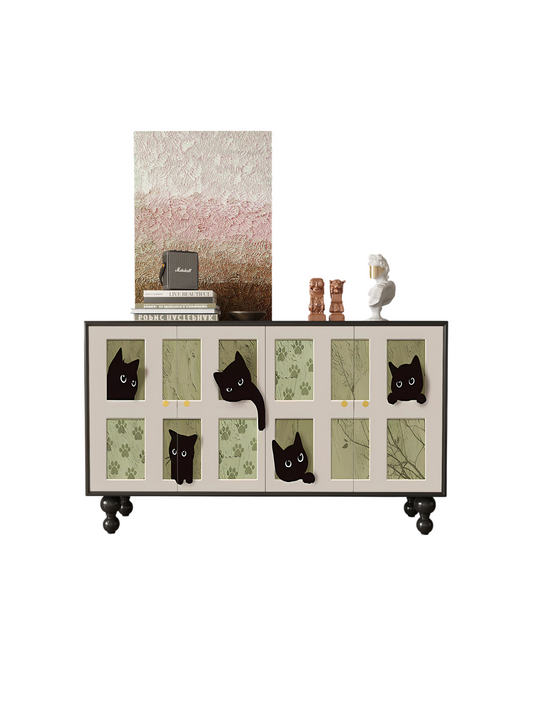 French Style Hand Painted Cat Sideboard Cabinet, 120cm Solid Wood Accent Storage Cabinet, Decorative Entryway Console, Dining Room Buffet, Living Room Storage Credenza