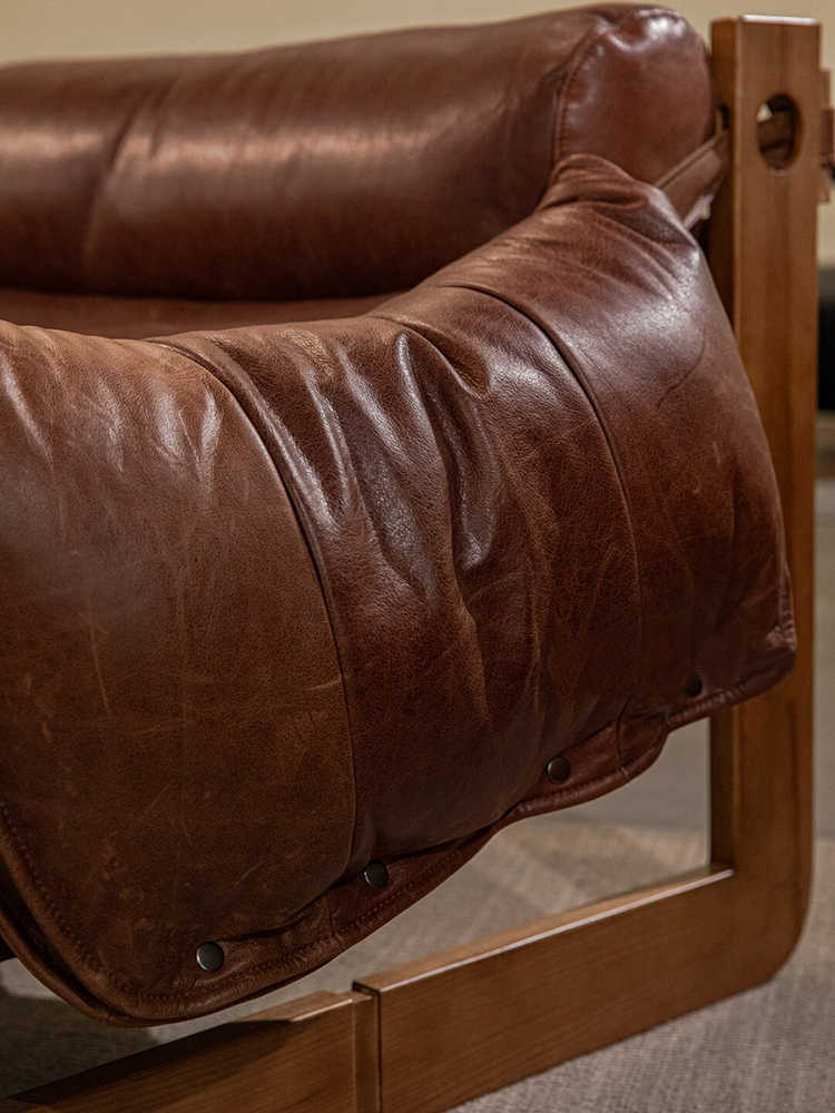 Jersey Retro Leather Lounge Chair, Designer Solid Wood Reading Armchair for Living Room, PU Waxed Leather