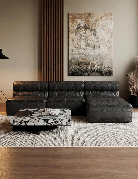 Vintage Modular Armless Leather Chaise Sofa Set – Retro Modern Sectional for Small Apartment Living Room, Tufted Lounge