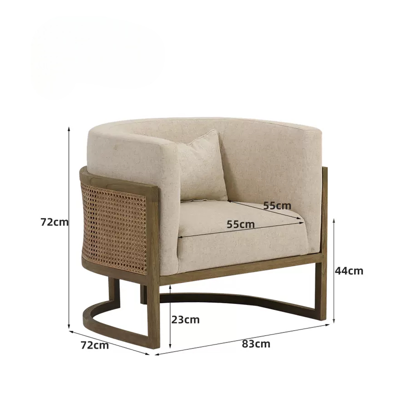 Modern Rattan Accent Chair, Solid Wood Lounge Armchair with Linen Upholstery, Minimalist Living Room and Balcony Reading Chair (Natural Oak)