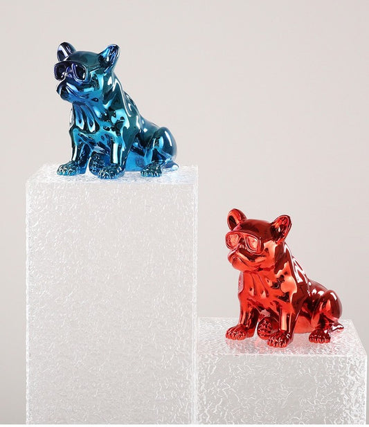 Electroplated Bulldog Sculpture Set (Blue & Red), Modern Minimalist Chrome Resin Art for Living Room & TV Stand, Influencer Decor