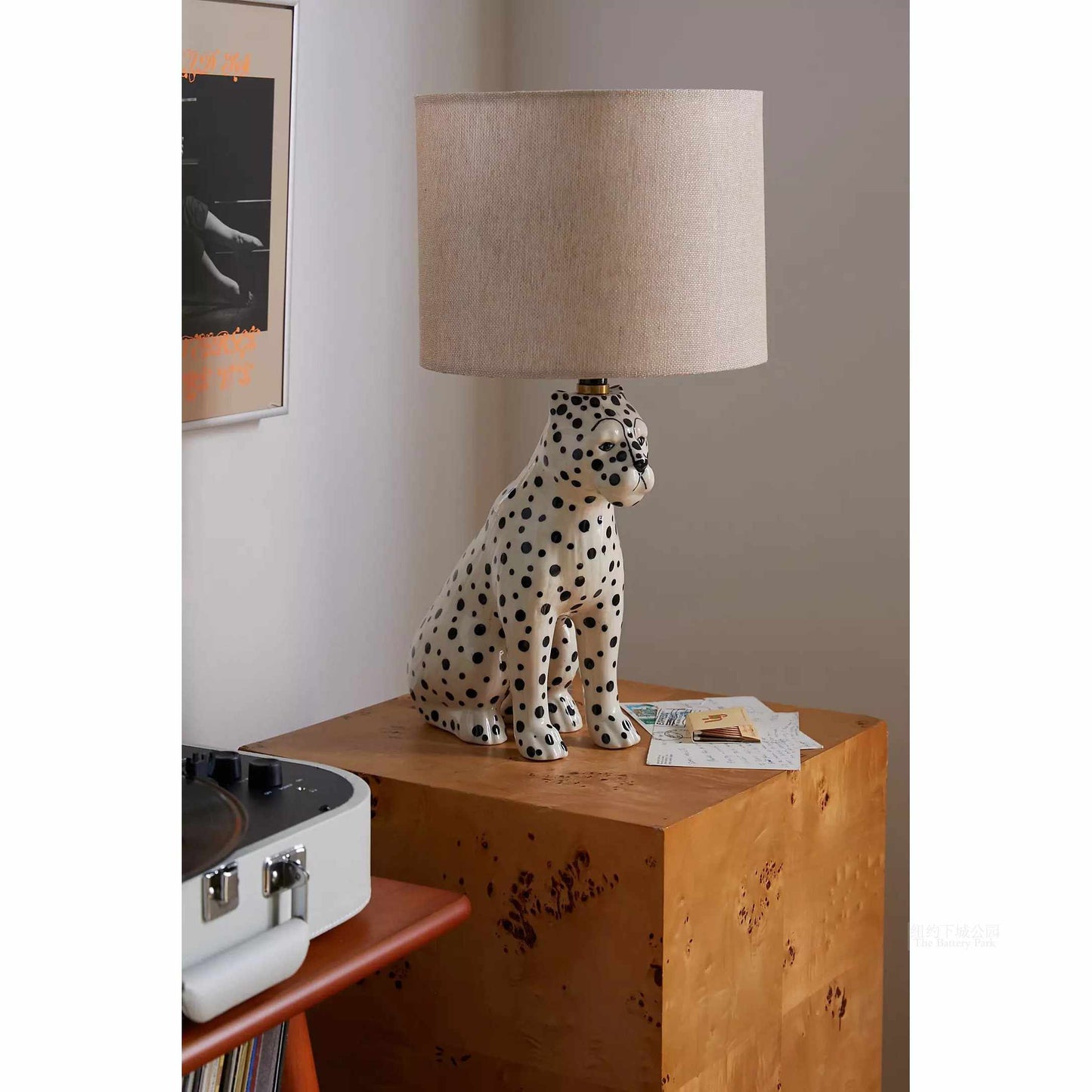 NYC Downtown Park Inspired Spotted Leopard Ceramic Table Lamp, Whimsical Children's Nursery Animal Lamp with Linen Shade, Snow Leopard Design