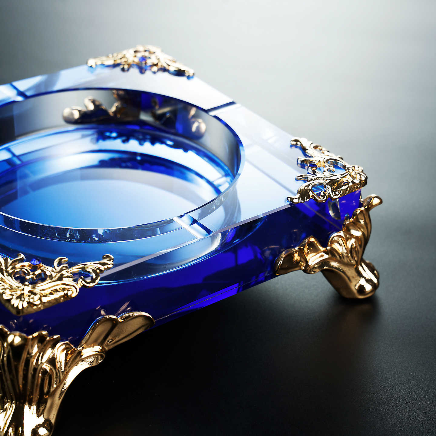 Luxury Sapphire Blue Crystal Glass Ashtray with Gold Ornate Feet, Large Square Commercial Ashtray for Office Bar Restaurant, Premium Heavy-Duty