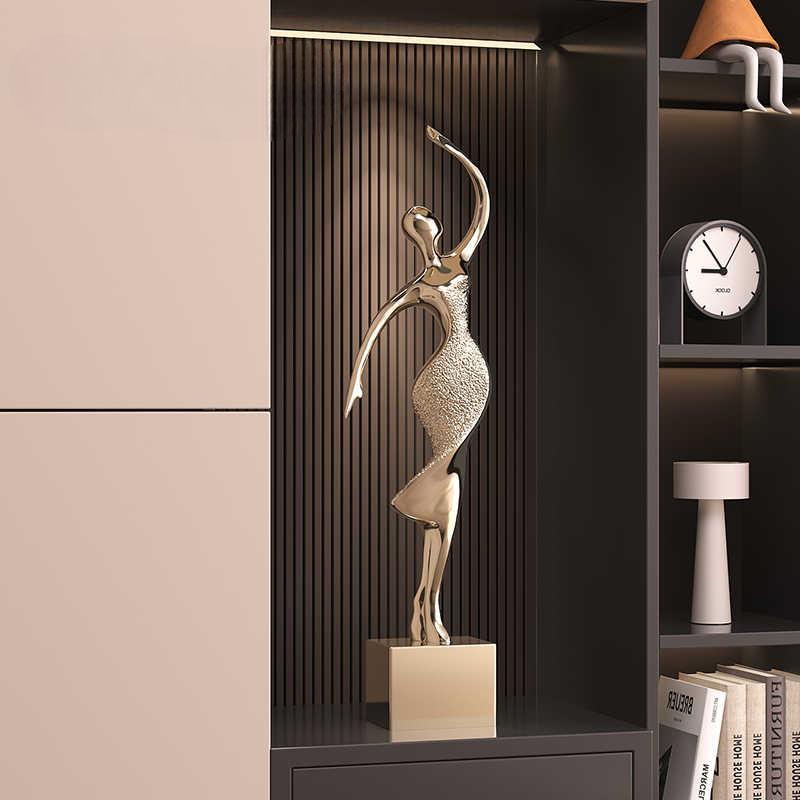 Luxury Abstract Gold Dancer Sculpture, Tall Modern Minimalist Entryway Decor, Electroplated Metallic Lady Art for Living Room Cabinet