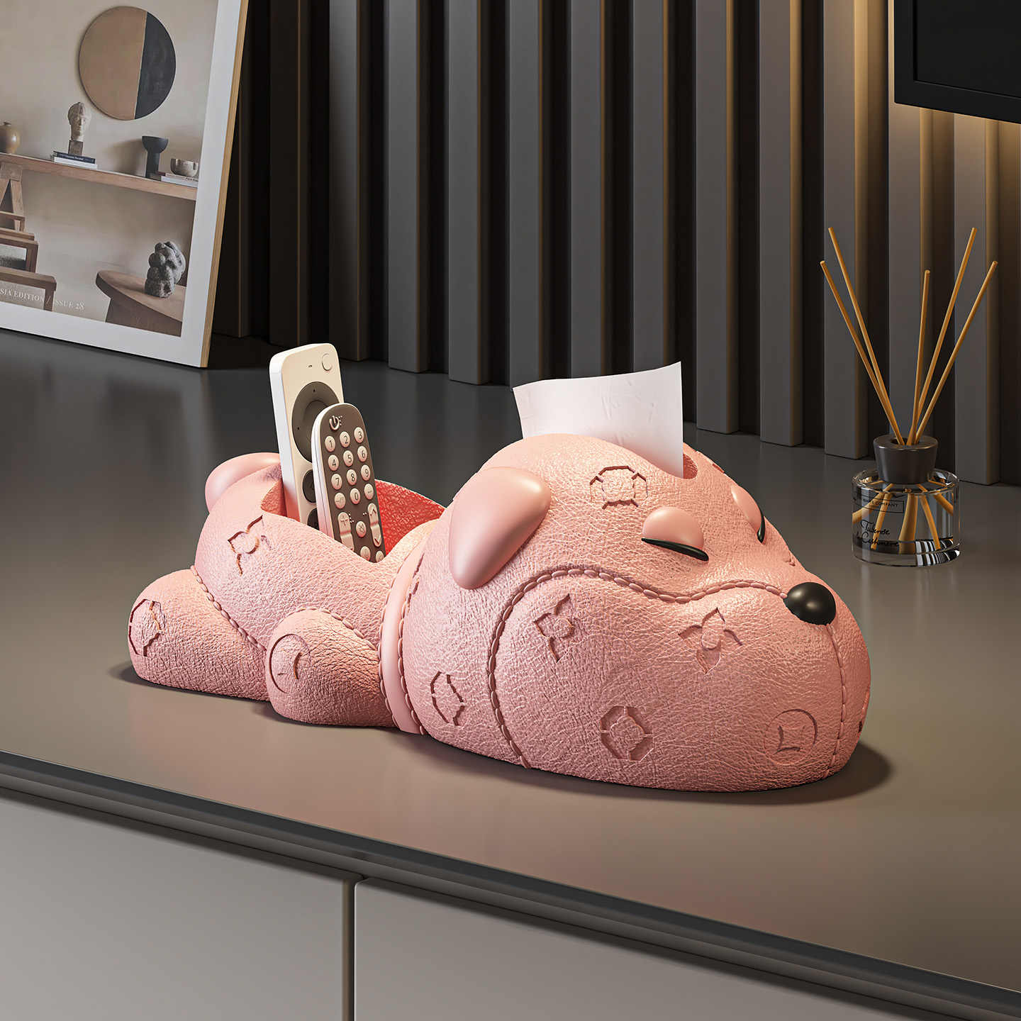 Luxury Pink Dog Leather Tissue Box Holder – Cute Puppy Desk Organizer for Napkins, Remote, Keys – Decorative Storage Box for Living Room, Entryway, or Dining Table