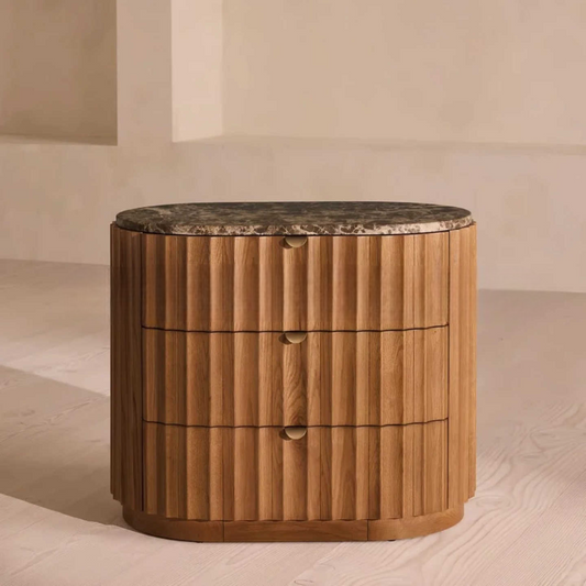 Mid-Century Modern Solid Wood Nightstand – Designer Vintage Bedside Cabinet with Marble Top, Three Drawers, No Assembly Required, Bedroom Storage
