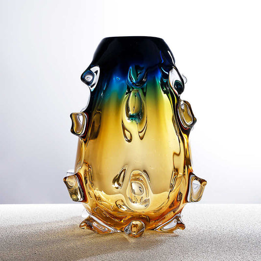 Vintage Blue Amber Gradient Glass Vase, Hand-Blown Art Glass Flower Vessel for Water Cultivation, Living Room Entryway Home Decor