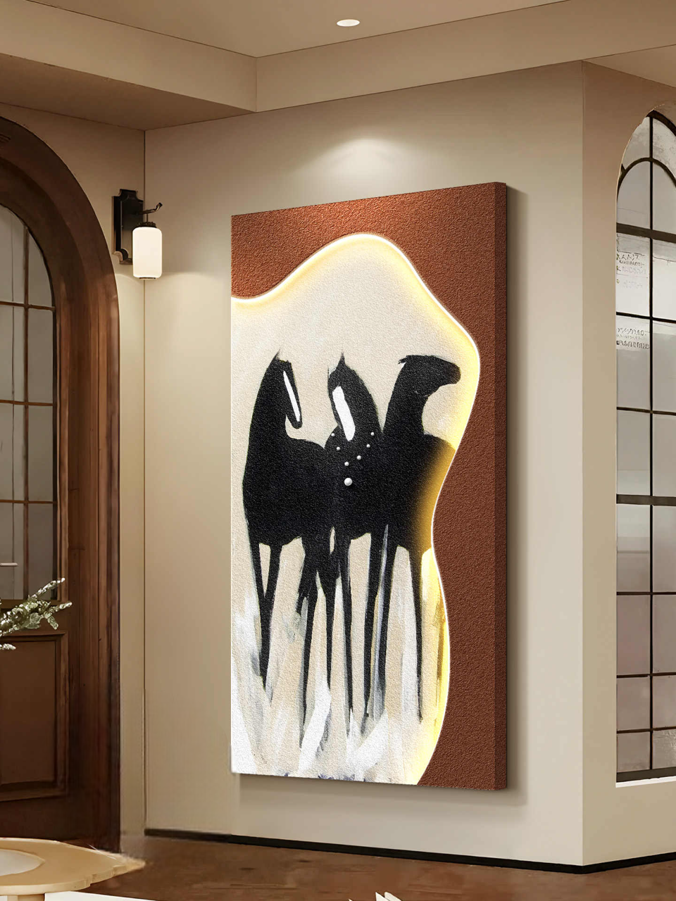 New Sandstone Relief Horse LED Wall Art – “Success Upon Arrival” Entryway Mural, Vintage, 3D Embossed with Sound/Recharge Control